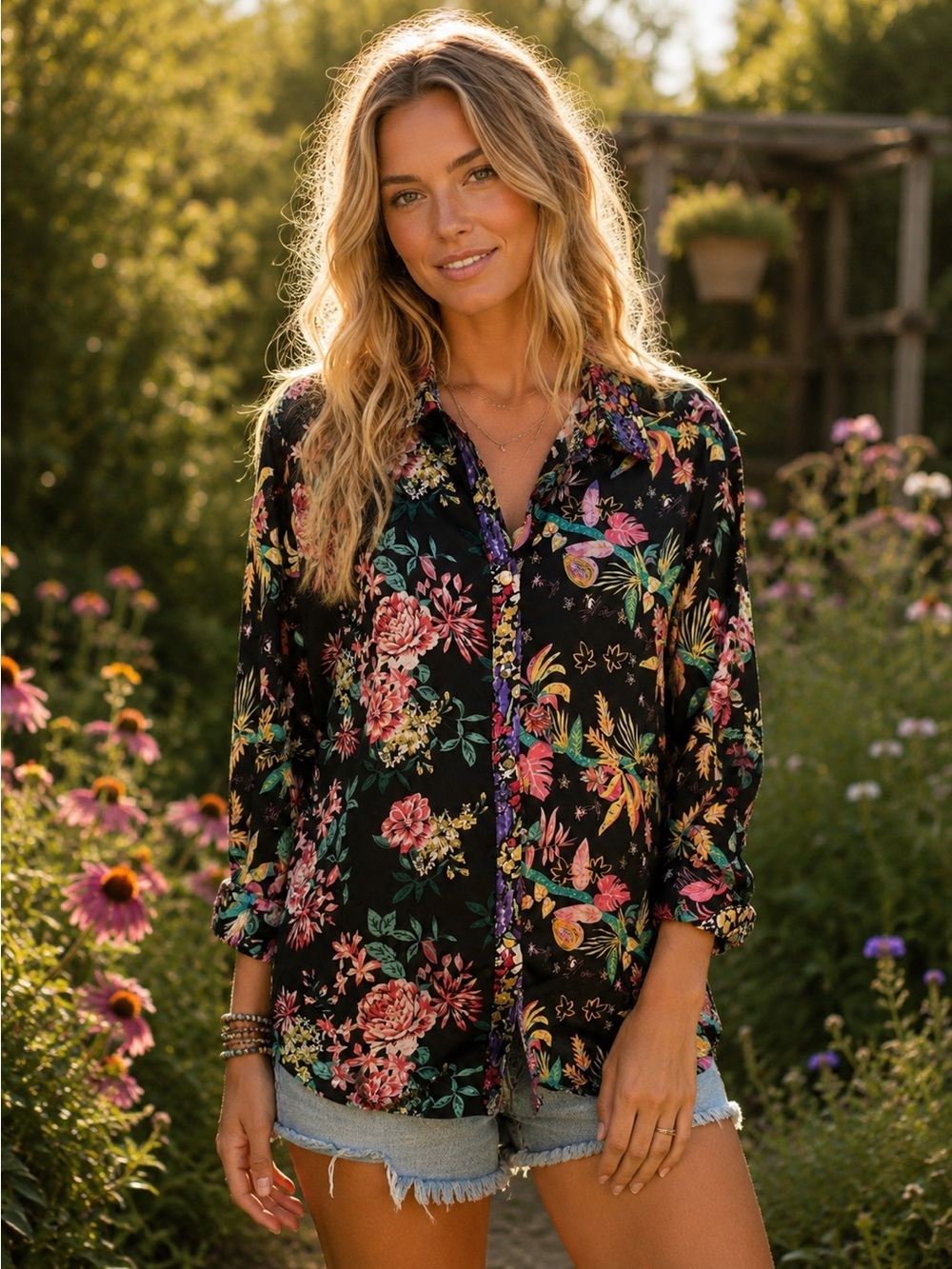 Umgee Multicolor Floral Button-Up Blouse